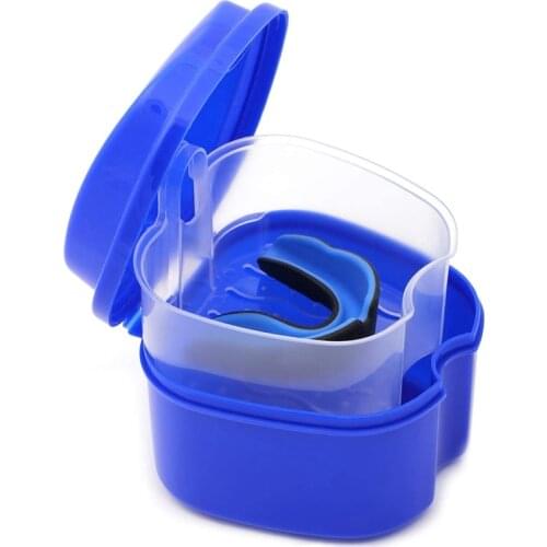 Dark Blue Denture Case, Denture Cup with Strainer, Denture Bath Box False Teeth Storage Box with Basket Net Container Holder for