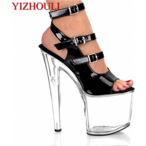 8 Inch Heel Clear High Platform Shoe Ankle Strap 20cm Stripper Shoes Open Toe Black crystal shoes temptation high heels sandals