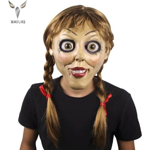 WAYLIKE Halloween Annabelle Cosplay Mask Latex Cosplay Annabel Doll Scary Movie Adult Full Head Latex Wigs Ponytails Party Mask