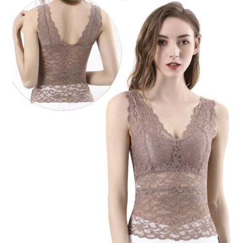 Womens Sexy Casual Hollow Out lace V Neck Sleeveless Camisole Backless Tank Tops Vest With Bra