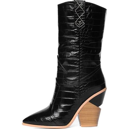 2020 Fashion Embossed Microfiber Leather Womens Ankle Boots Autumn Winter Western Cowboy Boots Women Thick High Heels Boots