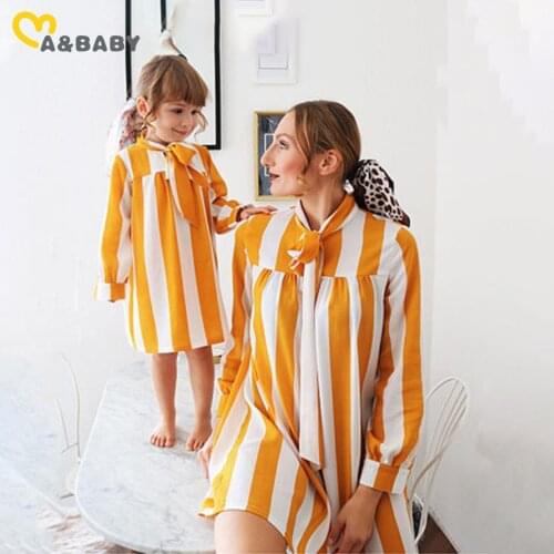 Ma&Baby Autumn Spring Family Matching Outfits Mom And Daughter Dress Striped Bow Long Sleeve Dresses For Girls Family Look DD43