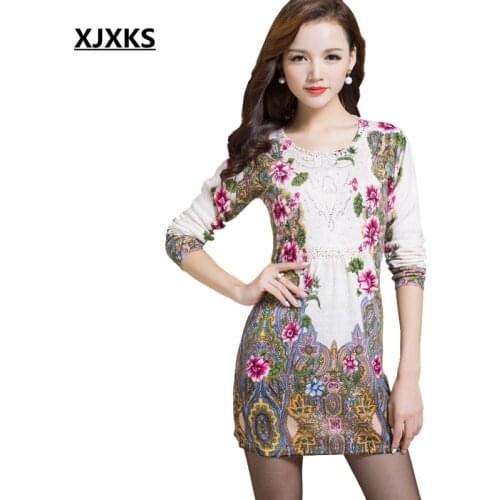 XJXKS 2020 Fall Winter Long Sweater Women Vintage Reactive Printing Sweater Dresses Long Sleeve Slim Knitting Casual Pullover