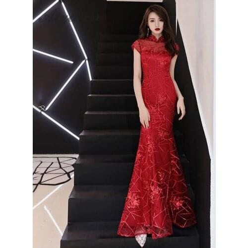 2019 Red Mermaid Long Cheongsam Modern Chinese Evening Dress Qipao Fashion Bride Vintage Gown Oriental Style Party Robe Qi Pao