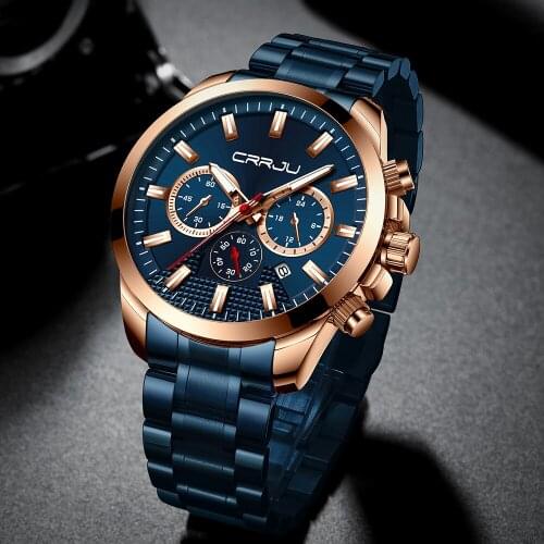 Top Brand CRRJU Luxury Blue Stainless Steel Fashion Watch Men Chronograph Watch Mens Watches Waterproof Sport Relogio Masculino