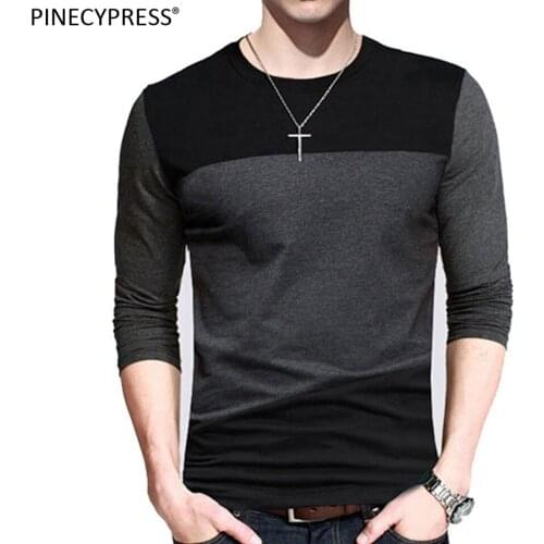 Man T-shirt Long Cotton Sleeve Quality Fashion O-Neck Casual Spring Autmn Slim Male Tee Patchwork Black Grey Men T Shirt