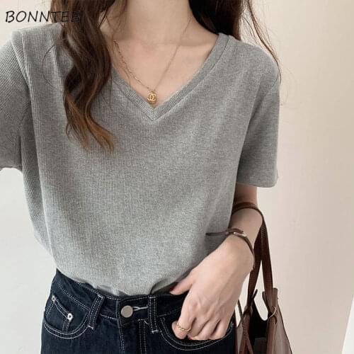Short Sleeve T-Shirts Women Solid Summer Newest Loose Design V-Neck Harajuku Streetwear Elegant Students Female Clothing Retro