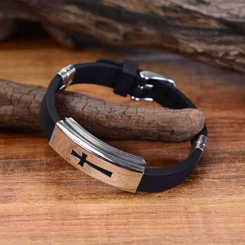 Cool Mens Stainless Steel Cross Bracelet Black Rubber Band Bangle for Gift