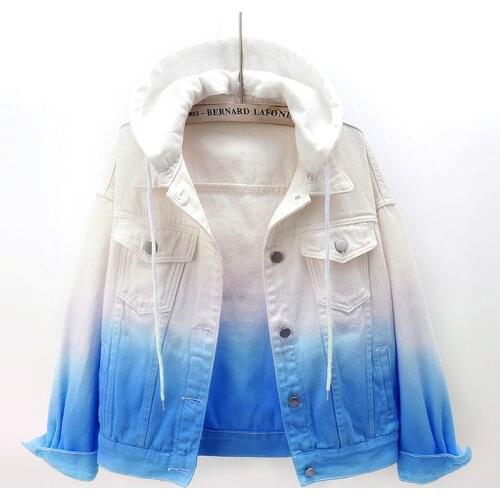 Color Gradient Hooded Denim Jacket Women Plus size Short Loose Casual Female Outwear Korean Student Coat 2021 Spring Autumn New