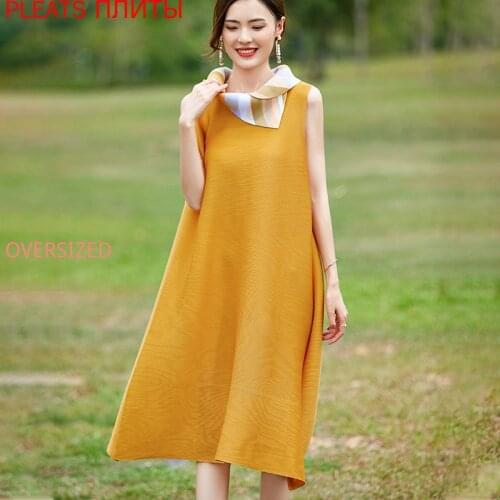 Fashion Pleated Vest Dress Female Miyake Doll Collar Loose Waist Mid-length Temperament Summer PLEATS De Mujer Robes Femme