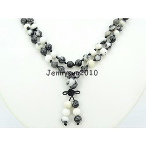 Natural Black and White Zebra 6mm Gems Stone Buddhist 108 Beads Prayer Mala Knot Necklace Multi-Purpose 5Strands/Pack
