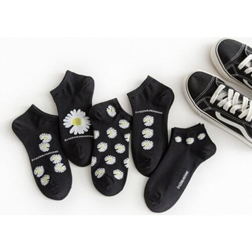 5 Pairs/lot Spring Summer Daisy GD Flower Black Socks Shallow Mouth Cotton Socks Men and Women couple Hyun Ya socks