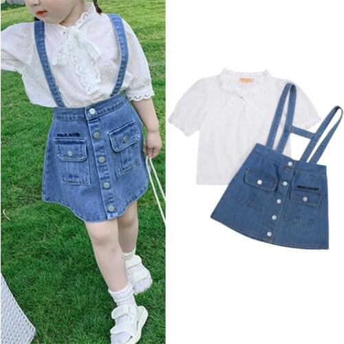 2-10Y Kids Girls Clothes Set Toddler Girls Summer Lace Short Sleeve Top+Denim Suspender Skirt 2PCS Girl Outfit Children Clothing