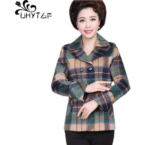 UHYTGF Female jacket Fashion plaid thin short coat Double-breasted Slim Spring autumn tops coat womens 4XL plus size jacket 349
