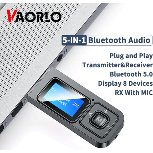 VAORLO USB Bluetooth 5.0 Adapter Receiver Transmitter With Mic LCD Display Button Control Stereo Audio For TV Headphones No APTX