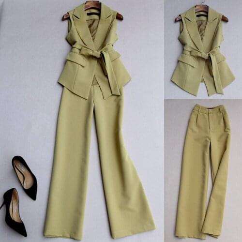 Spring Autumn Chic Korean Elegant Suit Vest with Waist Strap Belt and Wide Leg Suit Trousers Office Lady One Set