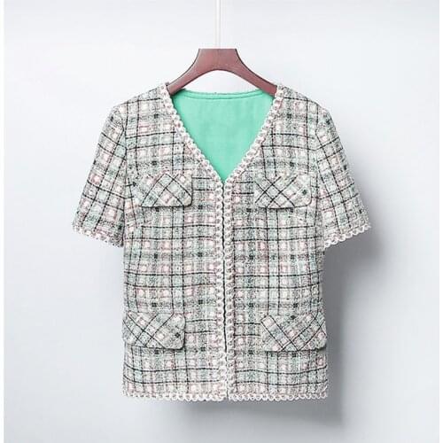 2020 Spring Summer Fashion womens elegant V-neck tweed coat Brand new high quality short sleeves plaid tweed jackets B931