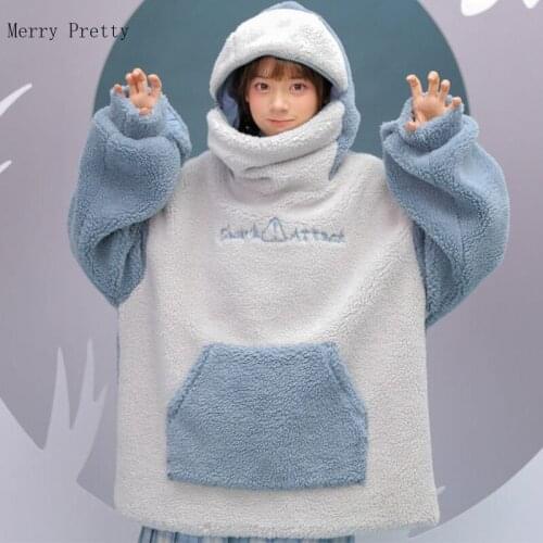 Harajuku Letter Embroidery Fleece Oversize Hooded Sweatshirt Women 2020 Winter Long Sleeve Warm Pullover Female Cute Top