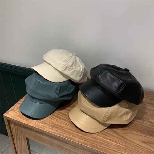 CYGJFC Woman Autumn Winther PU Leather Octagonal Hat Women Top Newspaper Cap Fashion Headdress Panana Beanies Gorros Headwear