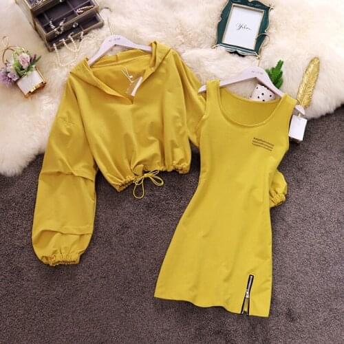 2021 Fall Women Two Piece Sets New Chic Short Hooded Letters Embroidery Cotton Sweater and Sleeveless Dress Ladies Fashion Suit