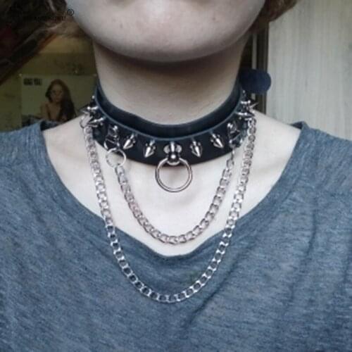 Gothic Fashion Necklace Punk Choker Collar Goth Silver Color Chain Pendant Necklace Women Leather Halloween Witch Rave Jewelry