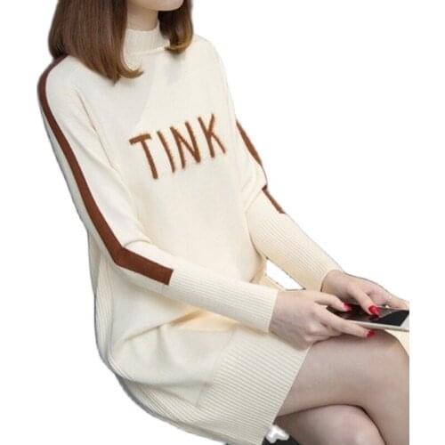 Medium Long Thickened Base Sweater Dress Woman 2021 New Spring Autumn Loose Half High Neck Stitching Knit Sweater Women