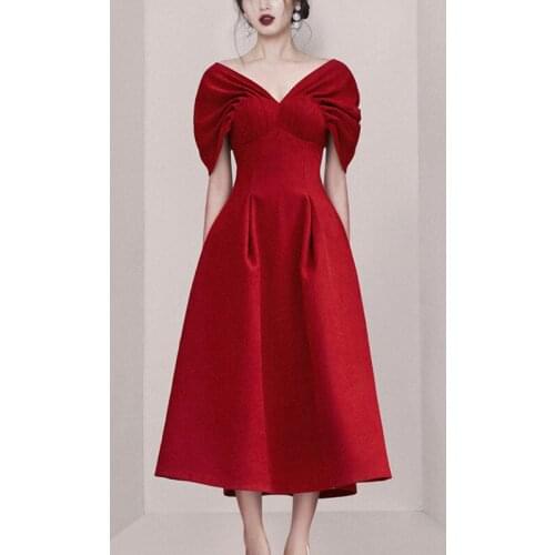 2021 Fashion Designer Women Red Dress Senior Elegant Summer V Neck Short Sleeve Slim Waist Ball Gown Party Midi Dress Vestidos
