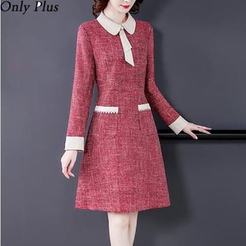 Only Plus Women Winter Red A-line Dress For Women Slim High Waist Holiday Elegant Woolen Dresses Long Sleeves Polo Collar Dress