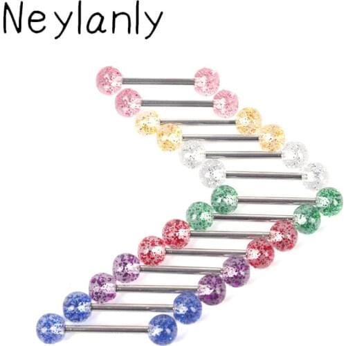 10PCS Womens Beautiful Tongue Rings Piercing Tongue Bars Stainless Steel Jewelry Candy Color Glitters Body Piercing Jewelry