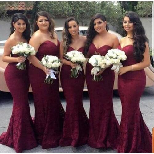 2019 popular Simple cheap long burgundy lace mermaid sweetheart hot beach wedding bridesmaid dresses women party dresses