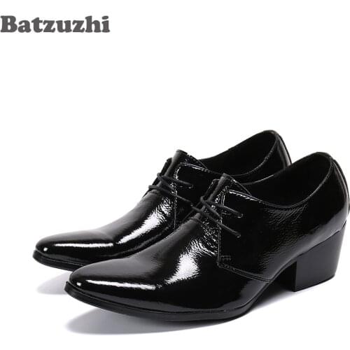 Batzuzhi Handmade Mens Leather Boots Pointed Toe Black Genuine Leather Ankle Boots Lace-up 6.5cm Heels Botas Hombre, EU38-EU46