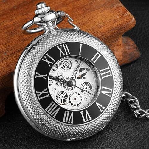 Silver Engraved Hand Wind Mechanical Pocket Watch For Men Women Vintage Steampunk Fob Skeleton Watch Male Roman Numerals Gift