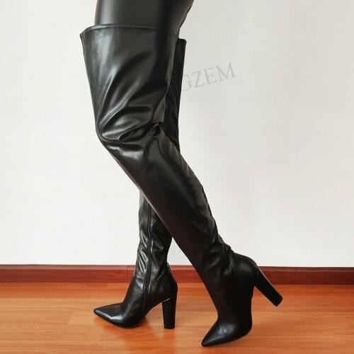 DOBANER Women Thigh High Boots Side Zip Boots Chunky Heels Boots Faux Leather Ladies Female Shoes Woman Big Size 41 45 46 47