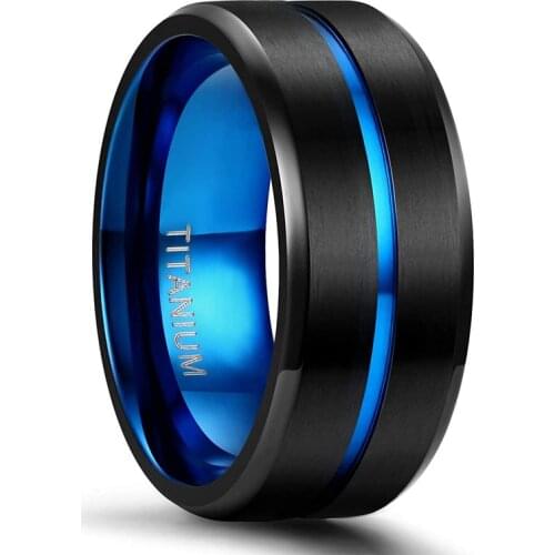 EAMTI Titanium Ring 6 mm 8 mm 10 mm Blue Center Groove Wedding Ring Comfortable Fit Matte Unisex