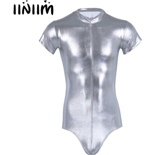 Iiniim Mens Shiny Wetlook Holographic Leather Lingerie Bodysuit Nightclub Party Zipper Catsuit Sexy Latex Leotard Bodystocking
