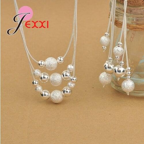Hot Sale Elegant 925 Sterling Silver Woman Jewelry Set, Fashion 3 Layered Charming Beads Balls Necklace Dangle Earrings
