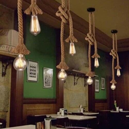 Retro Hemp Rope Chandelier DIY Rope Pendant For Lamp Base Light Iron Tube For Restaurant Cafe Bar Dining Room Decor Without Bulb