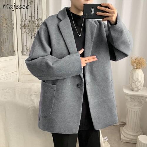 Men Blends Solid Pockets Turn-down Collar Long Sleeve Simple Korean Style Trends Casual Male Clothing Handsome Harajuku Jackets
