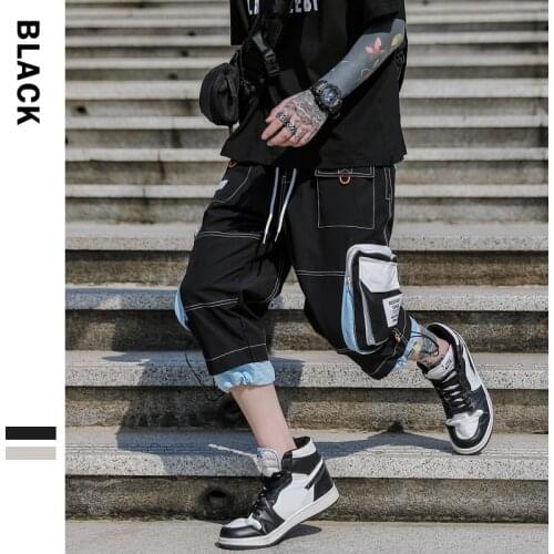 2020 Summer Hip Hop Color Patchwork Fashion Poclets Shorts Men Knee Length Ribbons Cargo Sweat Shorts Fitness Short Joggers Men