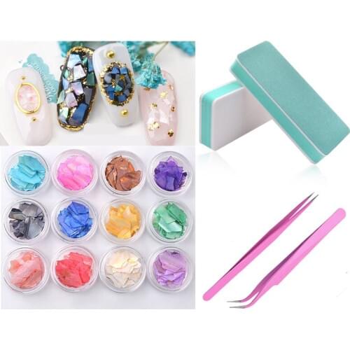 Nail Set 12Boxes Natural Pearl Nail SeaShell Slices +2pc Double Side Nail Sanding File with Curved Straight Nippers Tweezer Kits