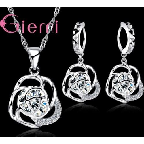 New Shinning Crystal Jewelry Sets Women Elegant hollow flower Design Party Gift 925 Sterling Silver Necklace Earrings Sets