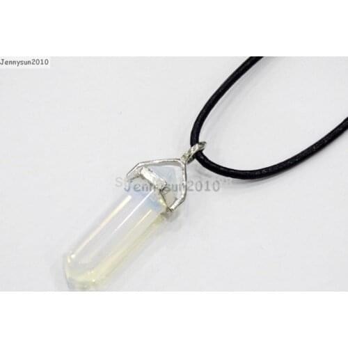 Natural Opalite Gems Stones Hexagonal Pointed Healing Reiki Chakra Pendant Black Real Leather Cord Necklace18''lnch 5 Sets/Pack