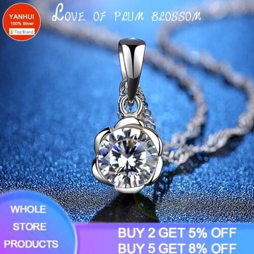 YANHUI Silver 925 Necklace Flower Shape Inlay Solitaire 1 Carat Lab Diamond Pendant Necklace Women Classic Wedding Jewelry ND310