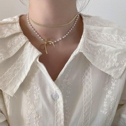 Origin Summer korean Double layer pearl bow-knot chokers necklace for women Unique Design metal chain Beaded necklace jewelry