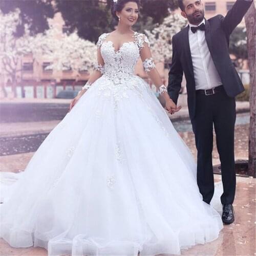 Romantic Full Sleeve 3D Flower Wedding Dress Illusive Ball Gown Bridal Dress