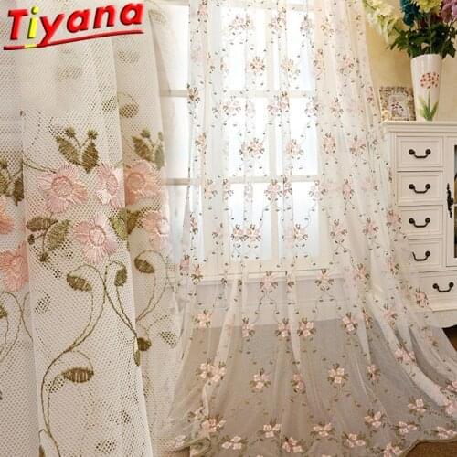 Pink Sweet Elegant Tulle Curtains for Living Room Princess Lace Flower Embroidery Sheer Tulle Wedding Window Drapes X-WP366#30