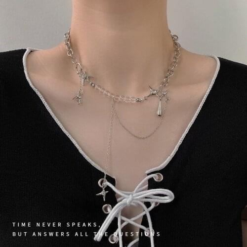 Geometric Girl Necklaces Rhinestone Necklace Woman Layered Chain Jewellery Chain Light Luxury Silver Color Korean Alloy Collier