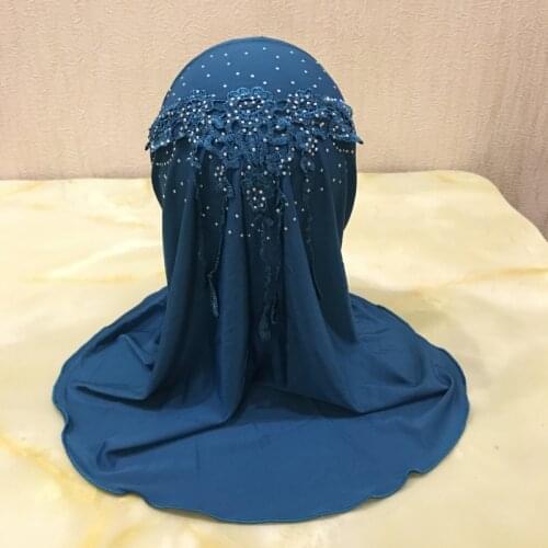 H039 fit 2-7 years old small girl hijab hats with lace muslim scarf islamic headscarf hat amira pull on headwrap