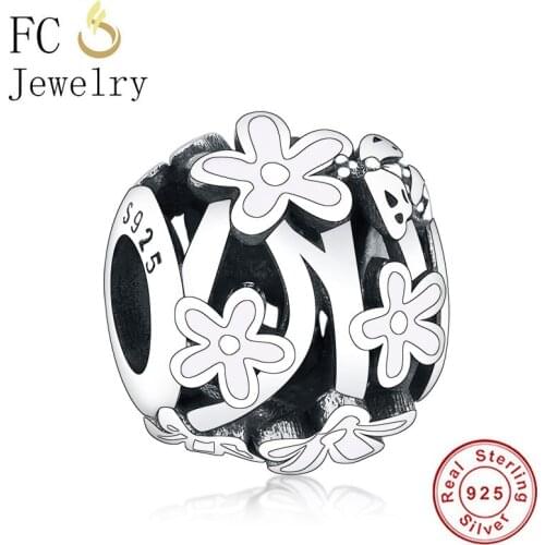 FC Jewelry Fit Original Brand Charm Bracelet 925 Silver White Enamel Flower Daisy Honey Bee Ladybug Bead For Making Berloque