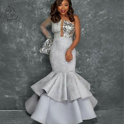 Modest Silver Mermaid Evening Dress One Shoulder Long Sleeve Plus Size Women Prom Dresses African Lace Party Gown robe de soiree